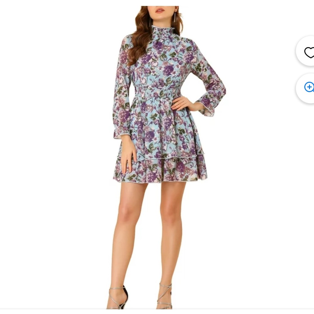 Allegra K Women's Floral Ruffle Trim Long Sleeve Smocked Neck Layered Mini Dress